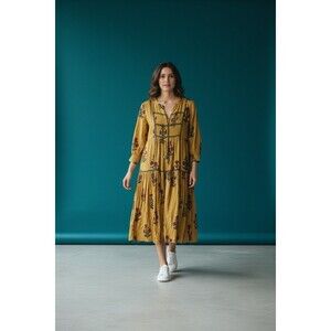 John Mark Boho Midi Dress Mustard‎ Floral Tassel Tie Peasant Style Small Cottage